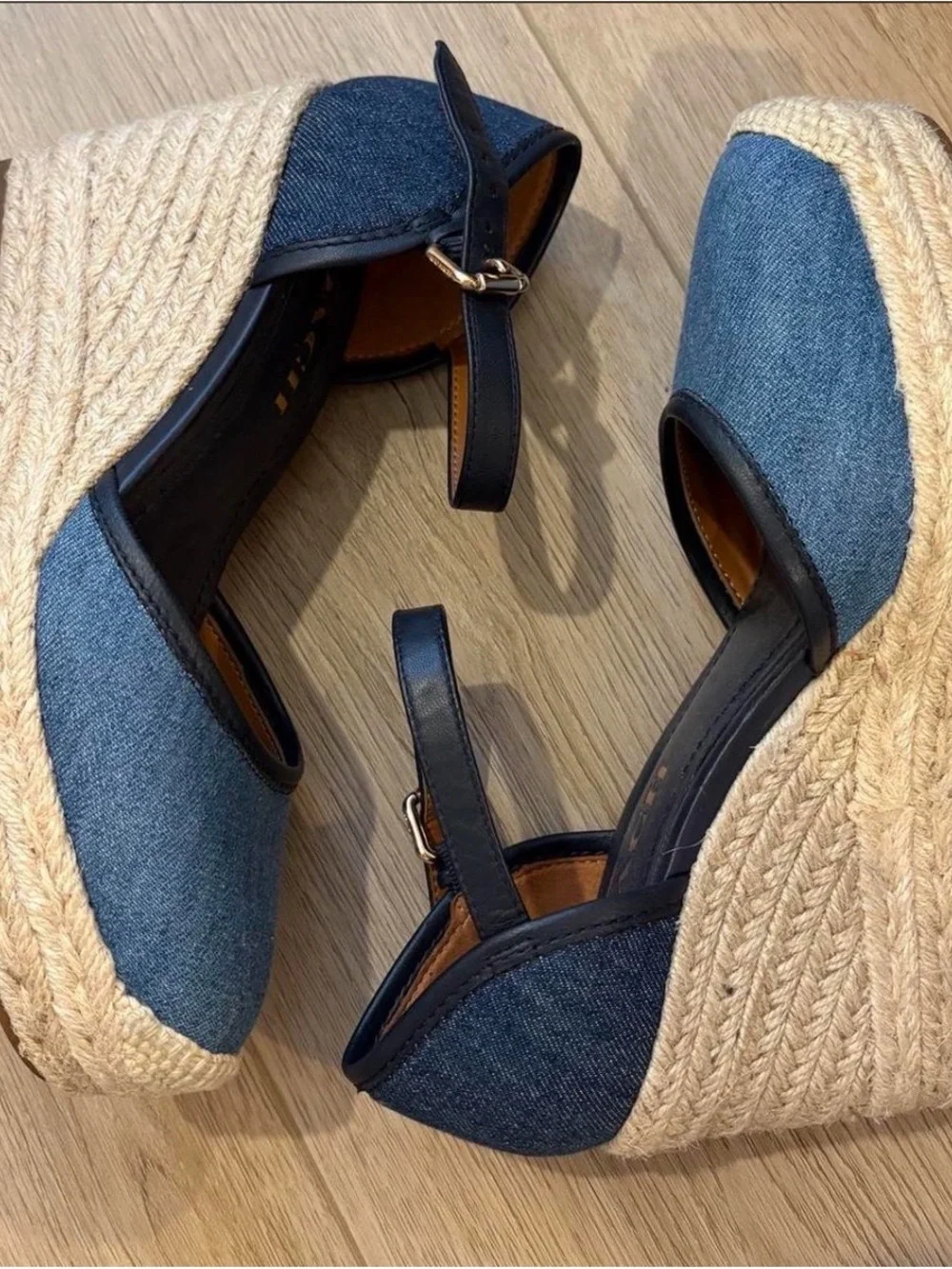 Coach Denim Wedge Sandals with Navy Trim and Ankle Strap